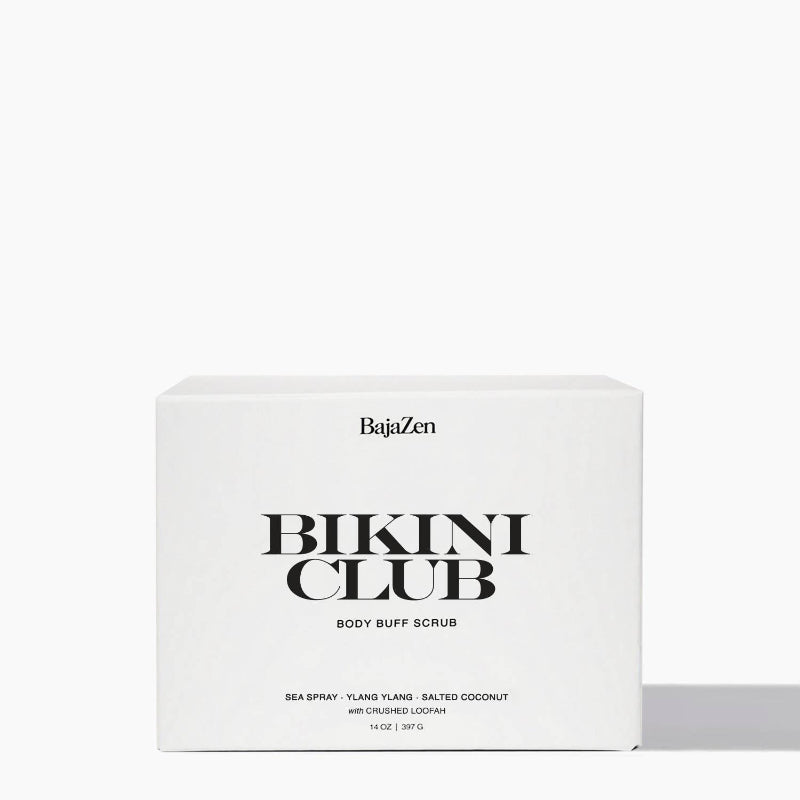 Box of Baja Zen Bikini Club body scrub on a white background