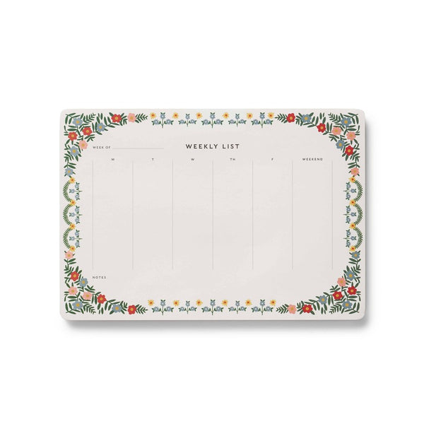 Rifle Paper Co. Rosette Weekly Desk Pad with floral border and daily planning grid