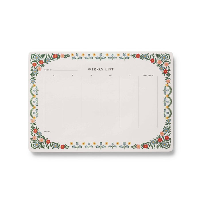 Rifle Paper Co. Rosette Weekly Desk Pad with floral border and daily planning grid