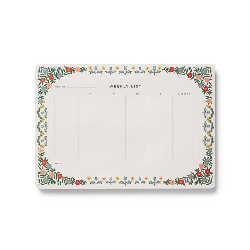 Rifle Paper Co. Rosette Weekly Desk Pad with floral border and daily planning grid