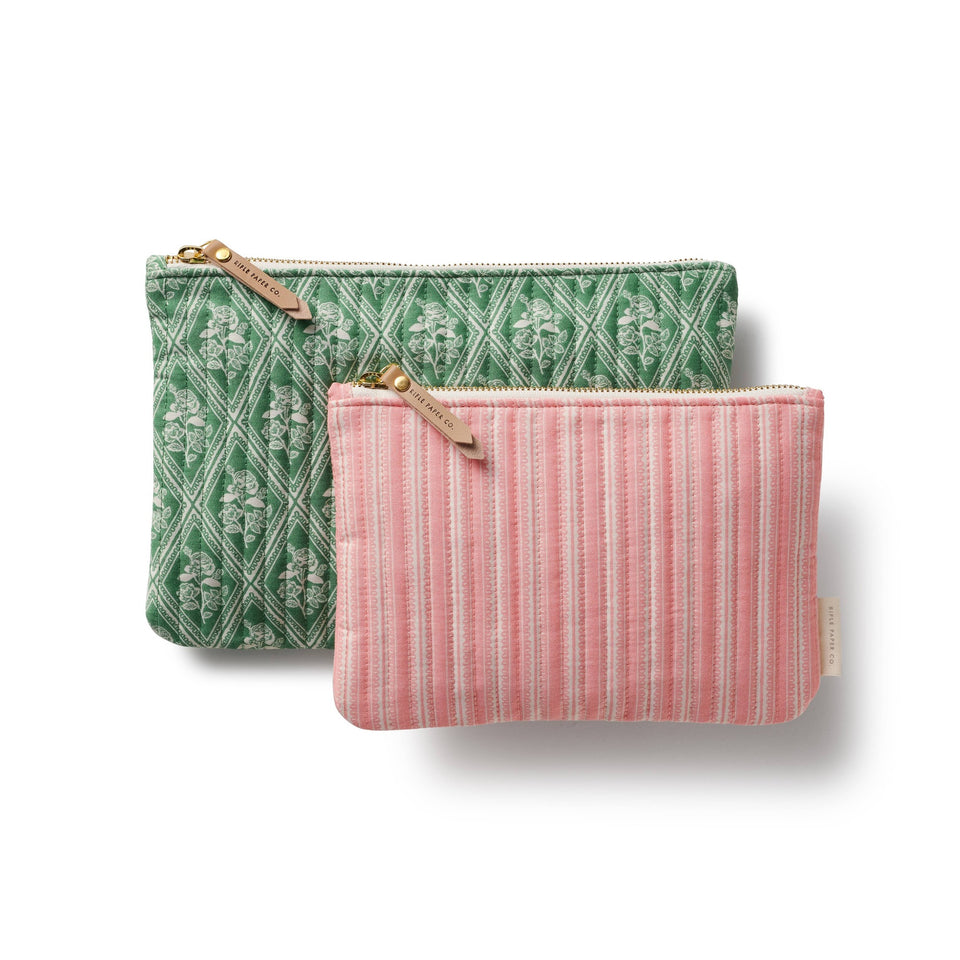 Rose Study Quilted Pouch Set in green and pink with gold zippers and leather tags