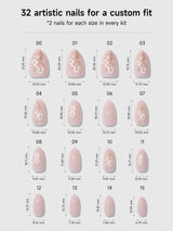 Chart showing 32 artistic nail sizes with measurements for a custom fit.