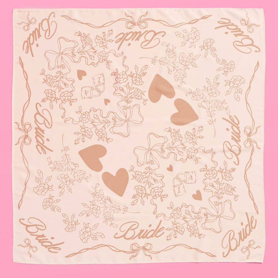 Tan Bride Head Scarf with floral print, hearts, and 'Bride' text on beige background