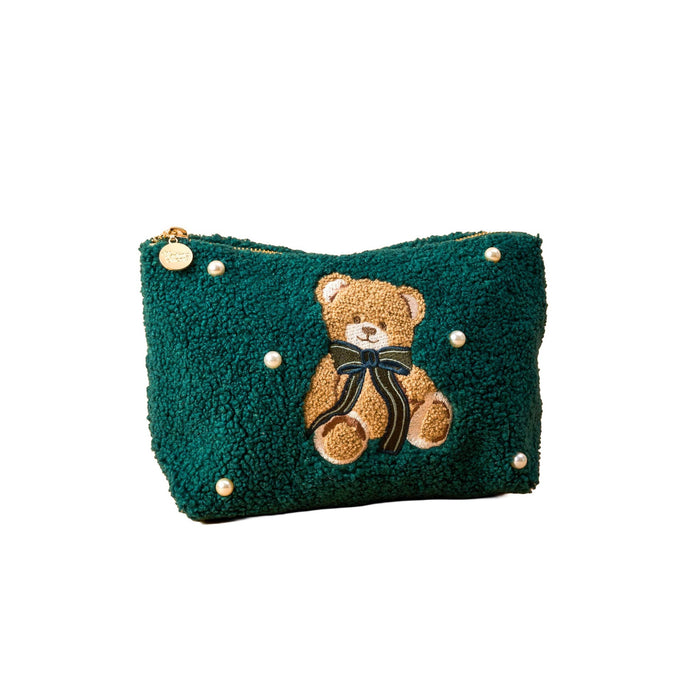 Darling Effect Teddy Pouch in teal with embroidered brown bear and pearl accents