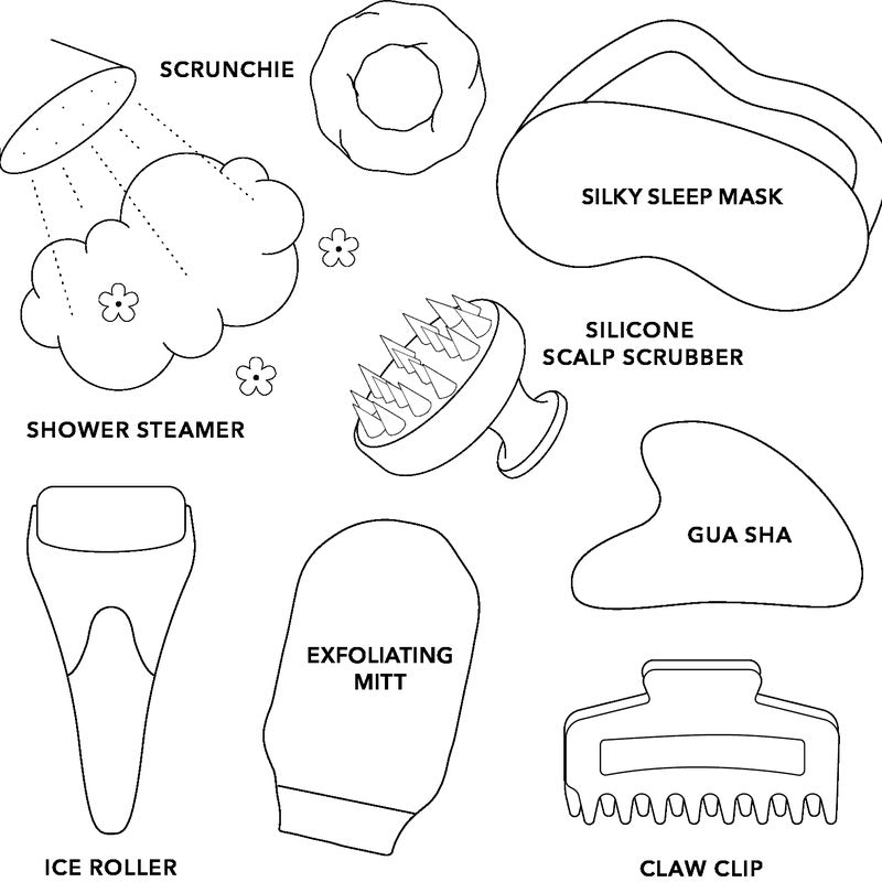 Illustrated guide to spa and beauty tools including scrunchie, shower steamer, sleep mask, scalp scrubber, and more
