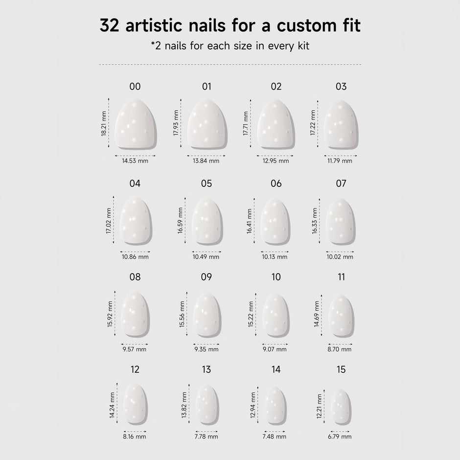 Size guide chart showing 16 press-on nail sizes with width and height measurements in millimeters