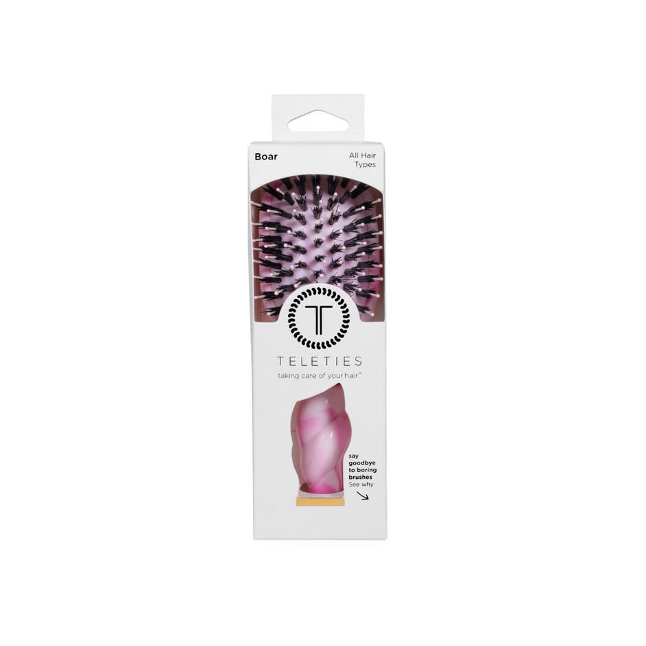 TELETIES Mini Boar Brush in Pinch Me pink with black bristles on white packaging