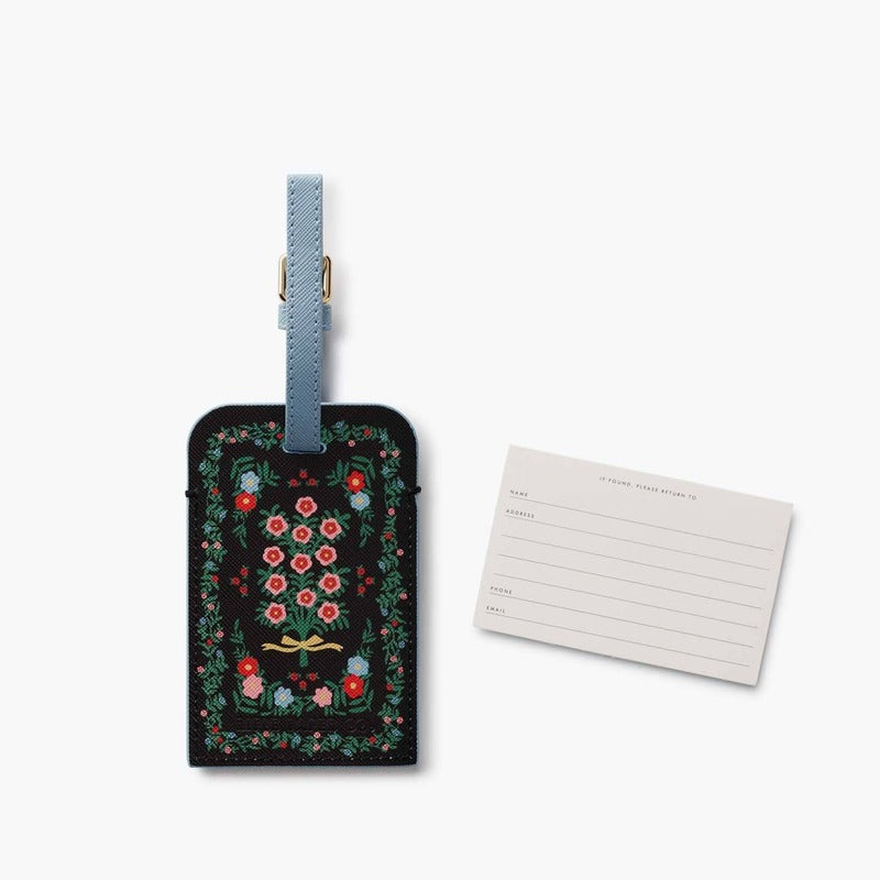 Rifle Paper Co. Rosette Luggage Tag with floral embroidered design and blue strap