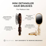 TELETIES Mini Detangler Brush features: gentle bristles, comfortable grip, built-in mirror, removable cleaner