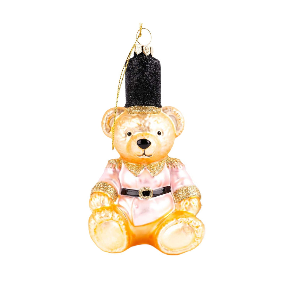 Gold and pink glittery teddy bear glass ornament with black top hat and gold string