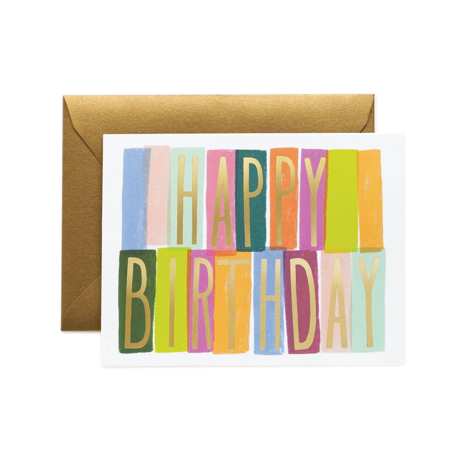 Colorful Happy Birthday greeting card with gold foil text and matching gold envelope