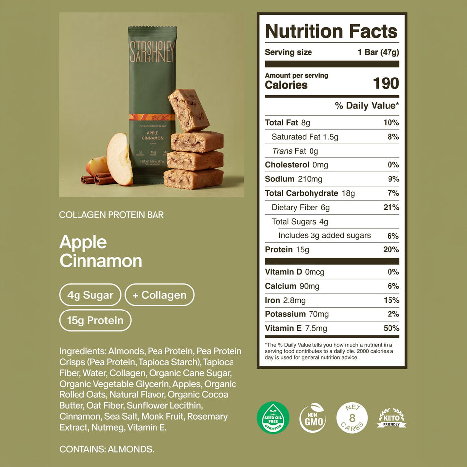 Apple Cinnamon Collagen Protein Bar nutrition facts panel and ingredients list on a green background with certification badges.