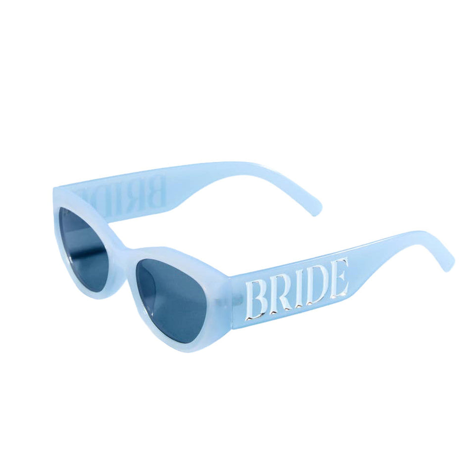 Blue BRIDE sunglasses with dark tinted lenses and text on temples, perfect for bachelorette parties
