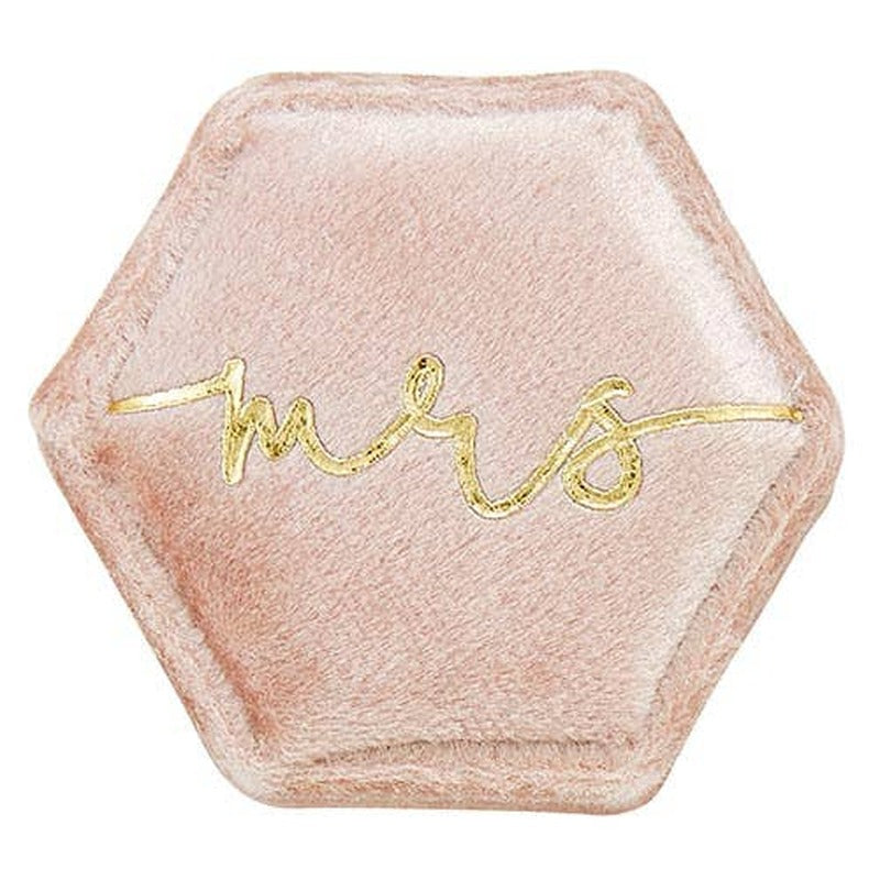 Velvet hexagon ring box in blush pink with gold Mrs script embroidery