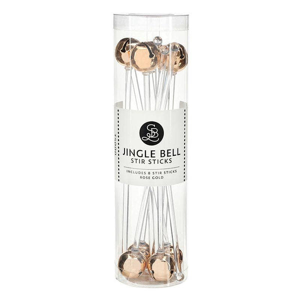 rose gold, A clear cylindrical package containing rose gold jingle bells stir sticks, with a white label reading 'JINGLE BELL STIR STICKS' and 'INCLUDES 8 STIR STICKS ROSE GOLD'.