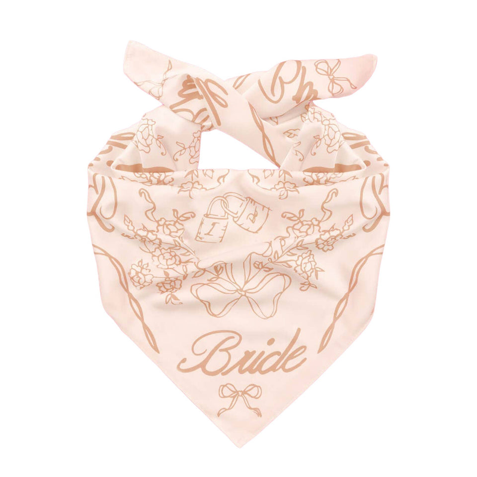Tan Bride Head Scarf with floral and bow pattern on neutral background