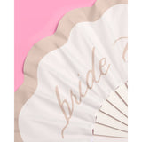 Bride to Be fan with elegant script lettering displayed on pink and neutral background