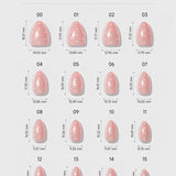 CELEBRITIPS Angel Glaze Dot size chart showing 16 extra short almond nail tip variations with measurements