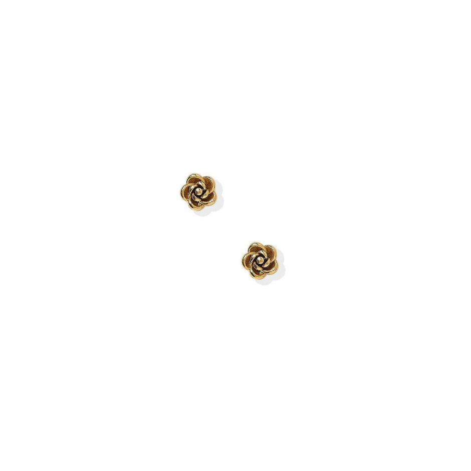 Linny Co rose gold screwback stud earrings with twisted rose design on white background