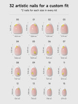 Chart showing 32 artistic nail sizes with measurements for a custom fit.