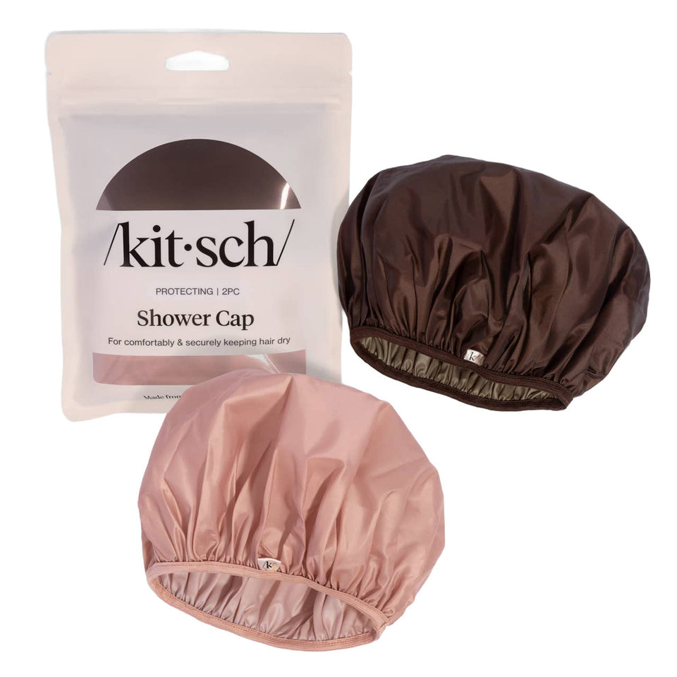 Kitsch Shower Cap 2pc Set in terracotta pink and brown with elastic band, displayed with packaging