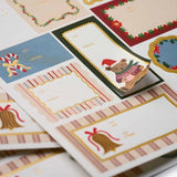 Pack of festive Christmas gift tags and stickers with holiday designs and gold accents