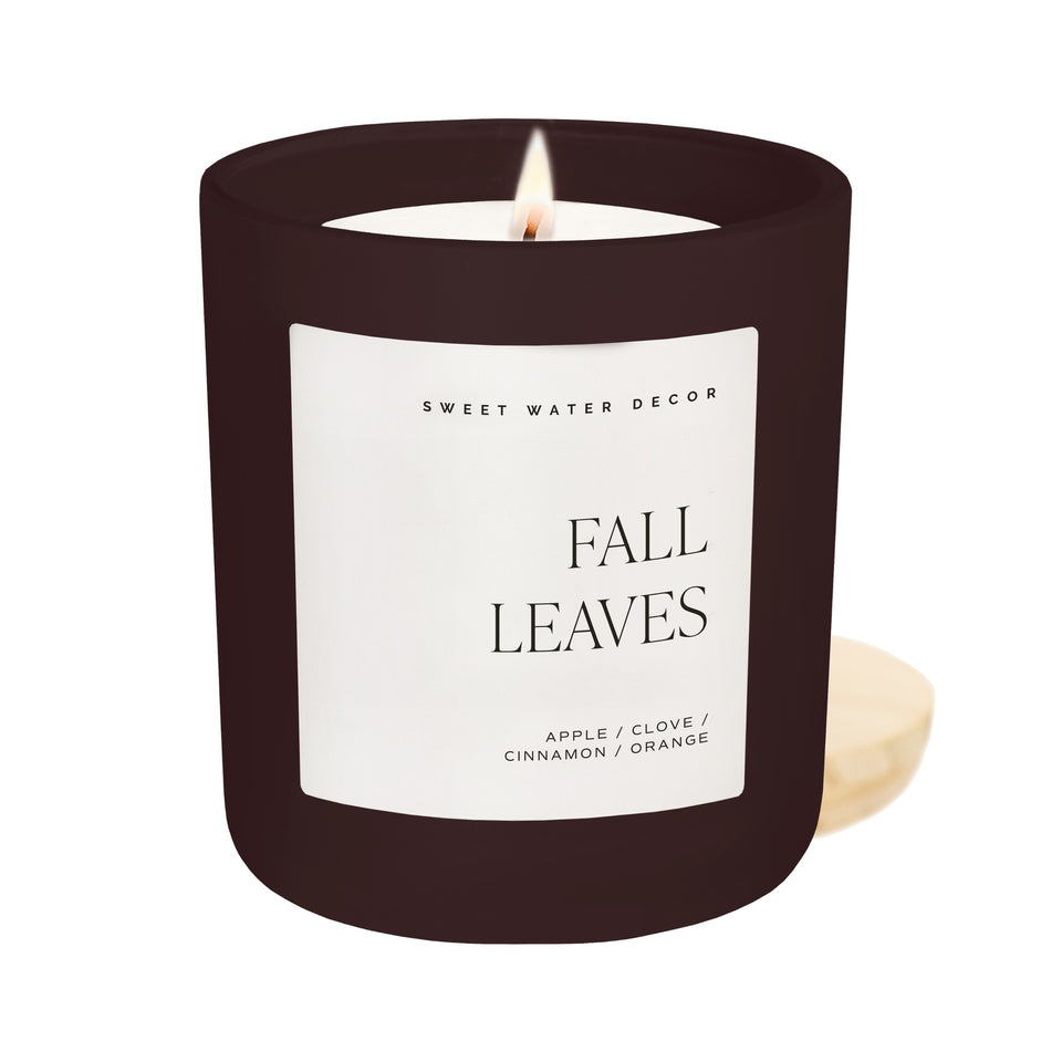 Sweet Water Decor Fall Leaves 15 oz soy candle in matte dark brown jar with white label