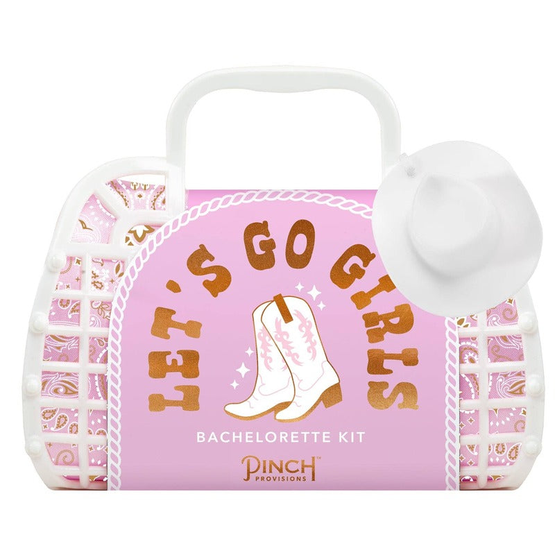 Pinch Provisions Let's Go Girls Bachelorette Kit in pink cowboy-themed packaging with white handle