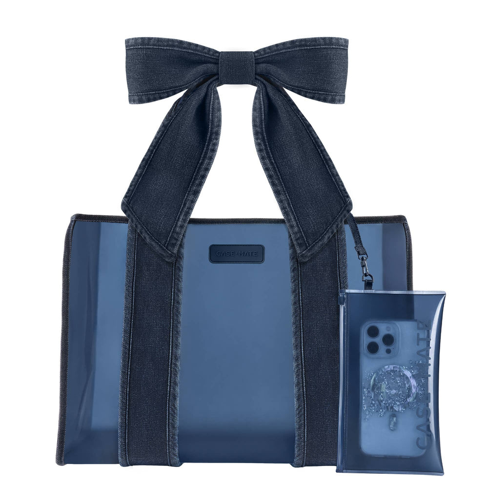 Denim Bow Jelly Tote Bag in Classic blue with matching clear accessory pouch