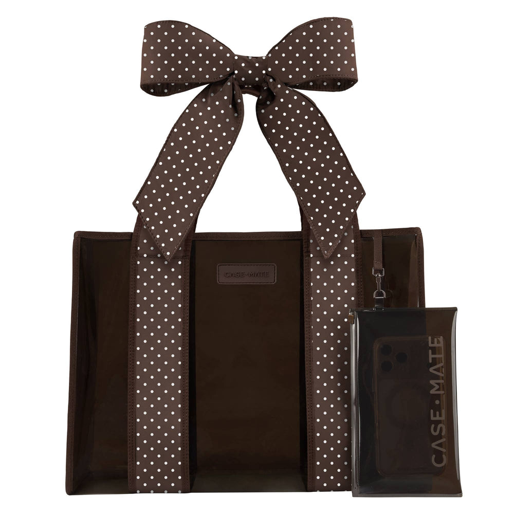 Brown polka dot bow tote bag with espresso canvas and small black pouch