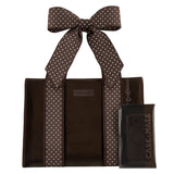 Brown polka dot bow tote bag with espresso canvas and small black pouch