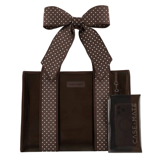 Brown polka dot bow tote bag with espresso canvas and small black pouch