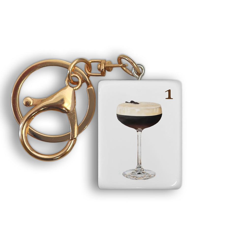 Mahjong tile keychain espresso martini design with drink comparison visual
