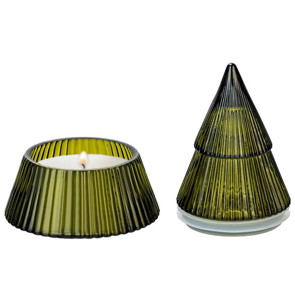 Fraser Fir soy candle in ribbed glass tree jar shown in two views - wide bowl and tall cone shapes