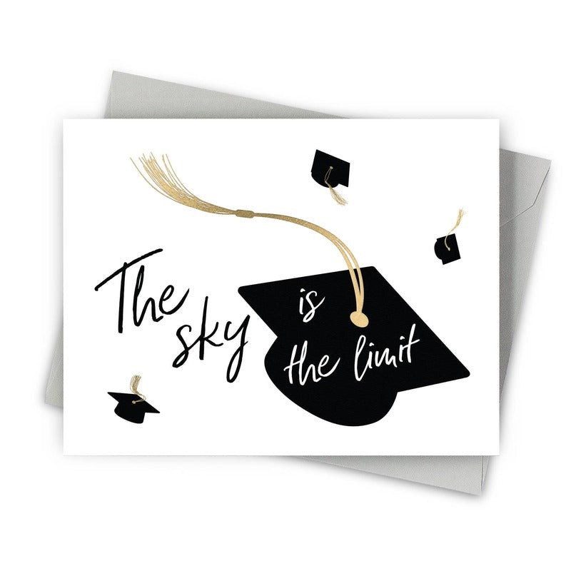 Graduation greeting card with black mortarboard and gold tassel design featuring 'The sky is the limit' text