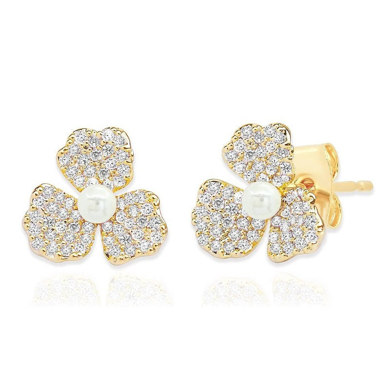 Triple Petal Pave and Pearl Studs - Gold plated flower earrings with cubic zirconia and pearl centers
