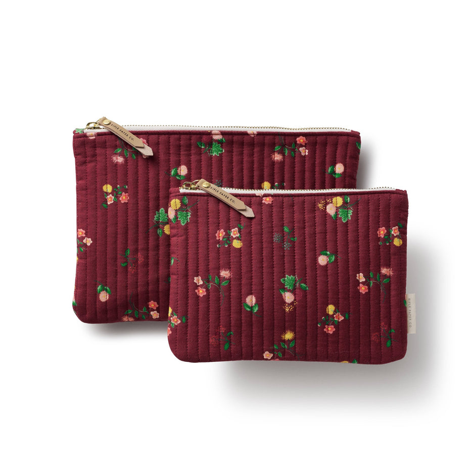 Rifle Paper Co. Ditsy Dahlia quilted pouch set in burgundy with floral embroidery