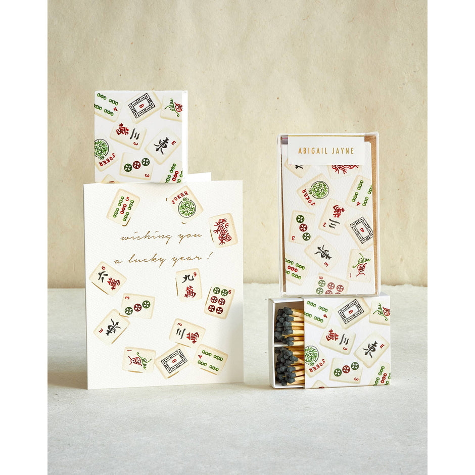 Abigail Jayne Mahjong Matches celebration set with greeting cards and matchboxes on neutral background