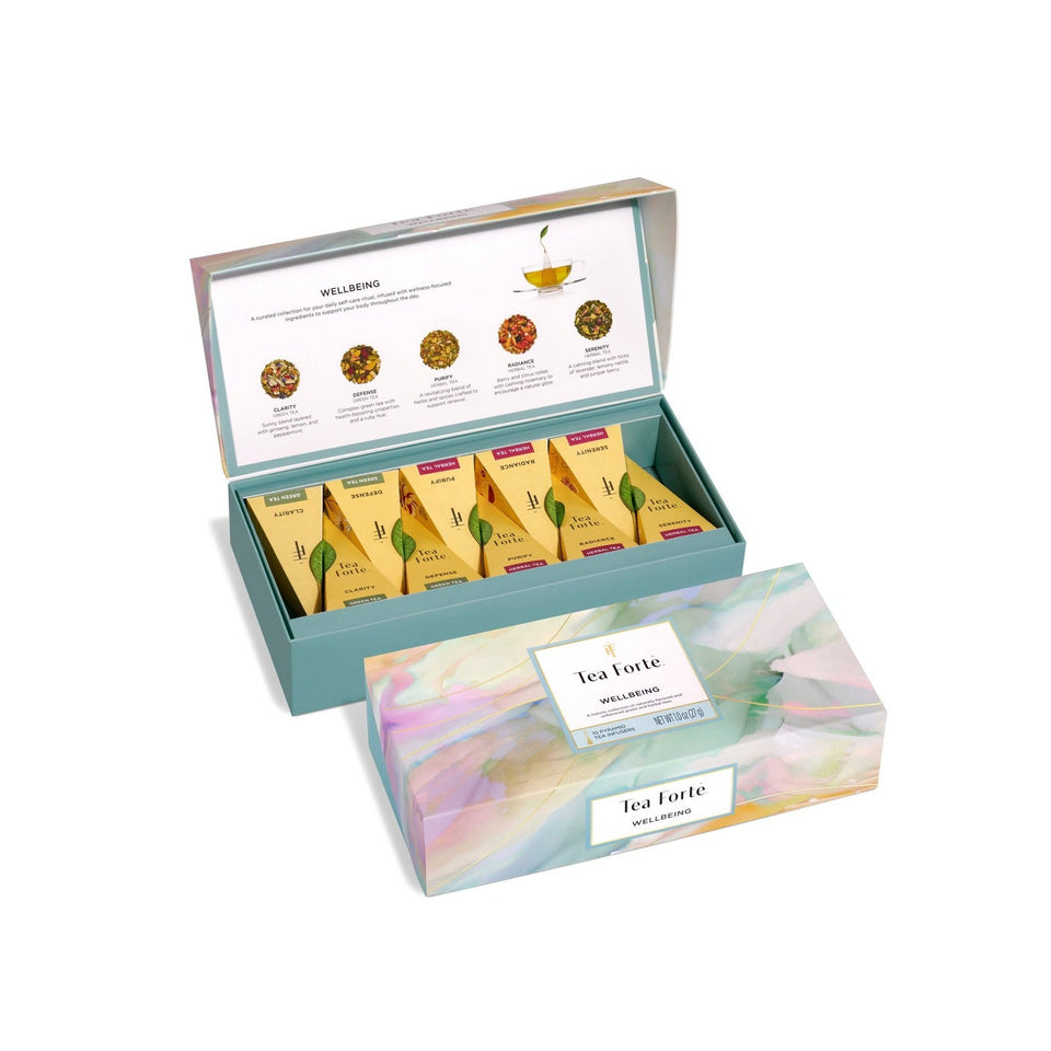 Tea Forte Wellbeing Petite Presentation Box with five herbal tea varieties and colorful packaging displayed