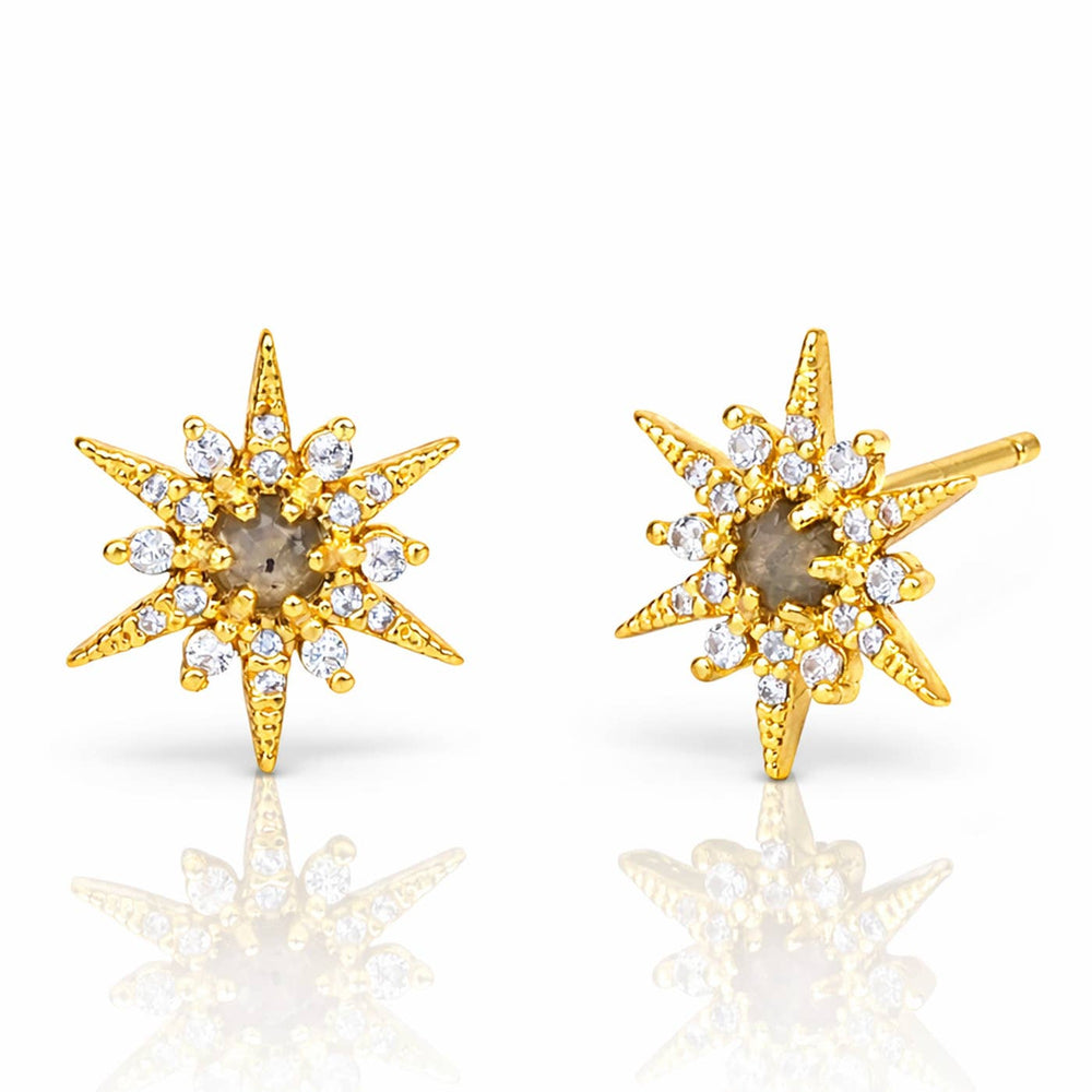 Gold starburst earrings with labradorite stone center and cubic zirconia crystals