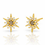 Gold starburst earrings with labradorite stone center and cubic zirconia crystals