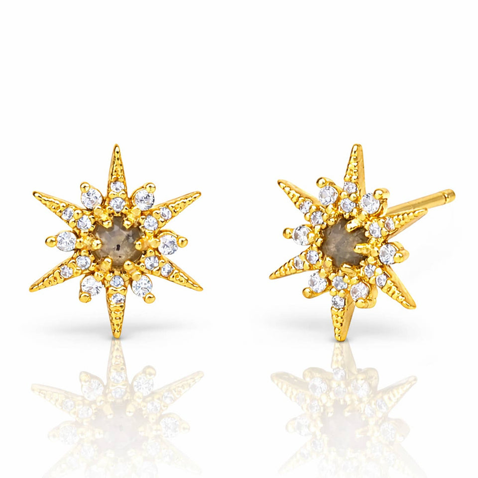 Gold starburst earrings with labradorite stone center and cubic zirconia crystals