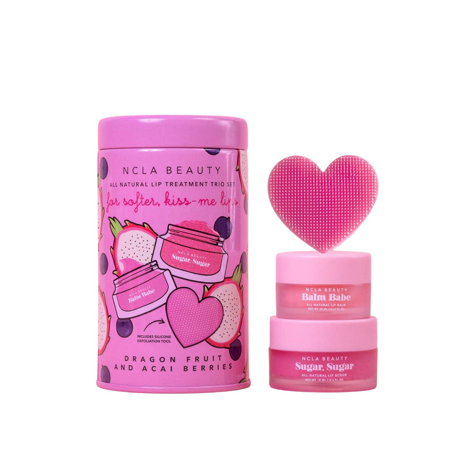 NCLA Beauty Dragonfruit Acai Berries Lip Care Set with trio lip balms and silicone exfoliator tool