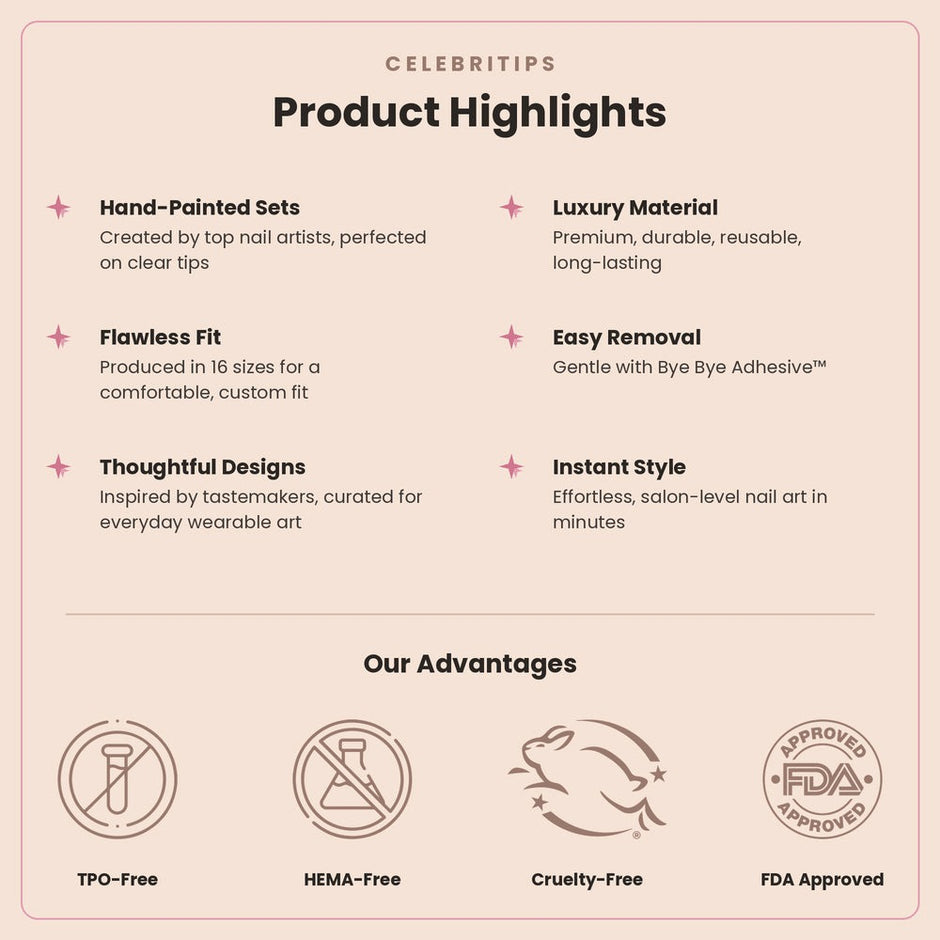 CELEBRITIPS product highlights and advantages infographic showing hand-painted nails, luxury materials, and FDA approval.