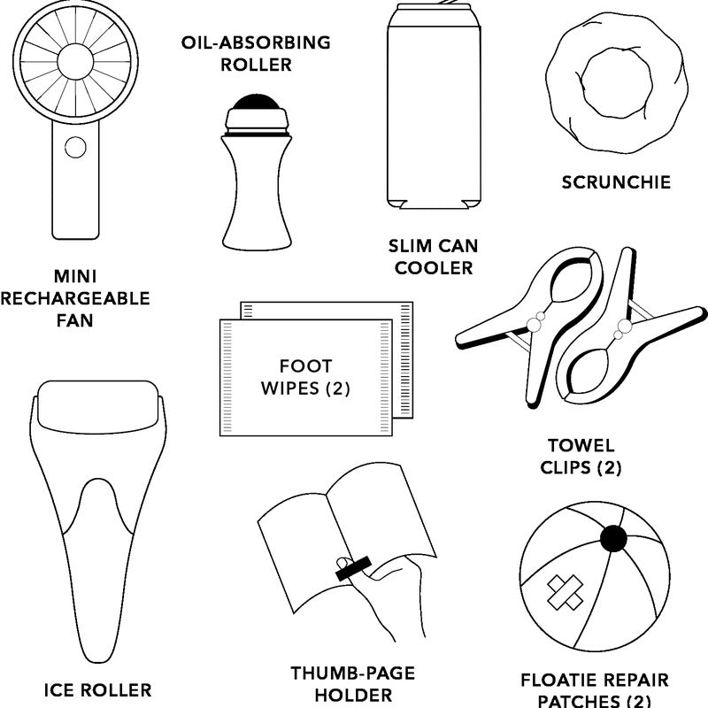Summer essentials kit contents labeled: mini fan, oil-absorbing roller, cooler, scrunchie, foot wipes, towel clips, ice roller, thumb-page holder, floatie patches