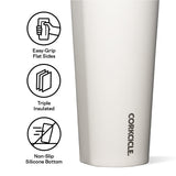 Corkcicle 16oz Tumbler with graphic of easy-grip flat sides, triple insulation and non-slip silicone bottom