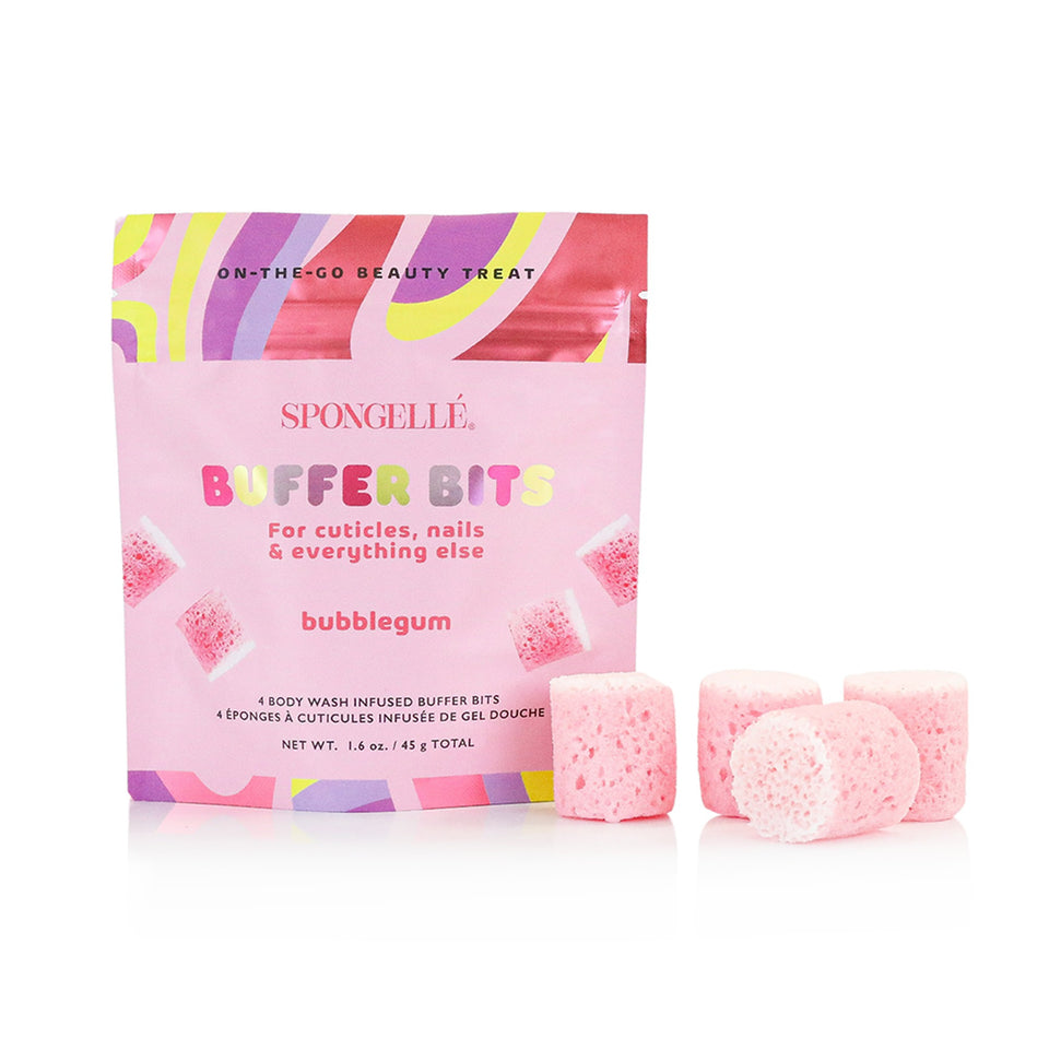 SPONGELLÉ Bubblegum Buffer Bits body wash sponges with pink packaging on white background