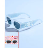 Blue bride sunglasses with white 'BRIDE' text on arms, featuring dark tinted lenses
