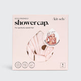Kitsch eco-friendly shower cap packaging with product details and sustainability badges