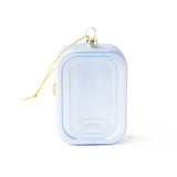 Light blue glass sardines box ornament with gold hanging chain and cap on white background